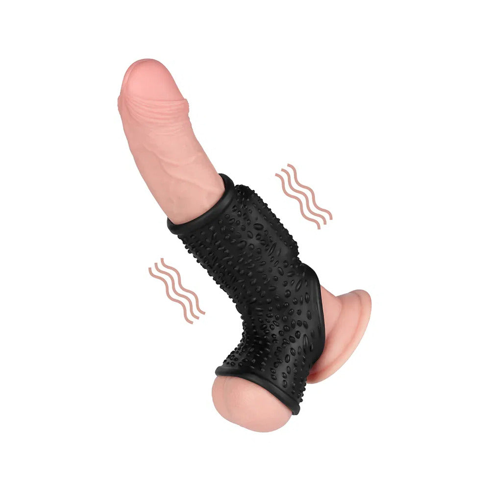 Textured black vibrating penis sleeve for sensational pleasure.