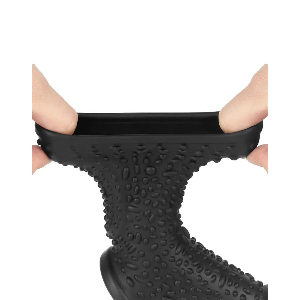 Textured black enhancement sleeve being stretched