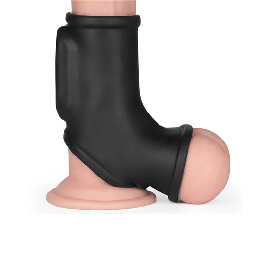 Lovetoy vibrating penis and scrotum sleeve in black.