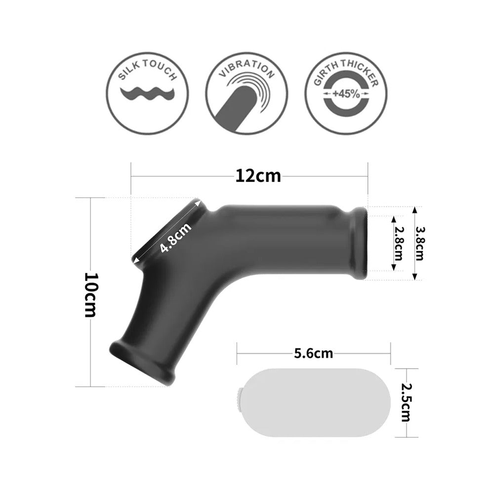 Vibrating penis sleeve with scrotum support, dimensions displayed