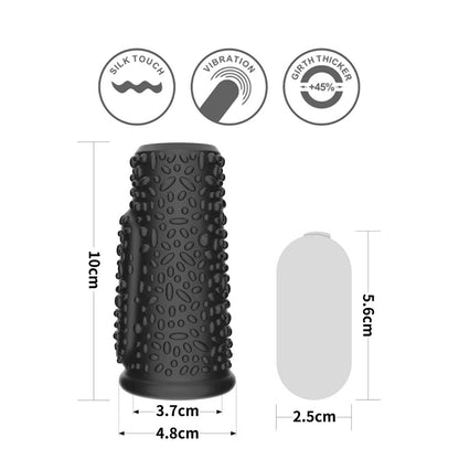 Lovetoy Drip sleeve dimensions, showing length, girth, with silk touch & vibration features. The sleeve is 10cm long.
