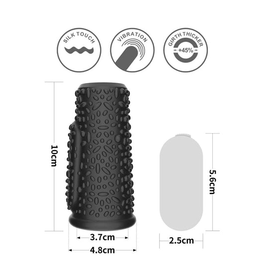 Lovetoy Drip sleeve dimensions, showing length, girth, with silk touch & vibration features. The sleeve is 10cm long.
