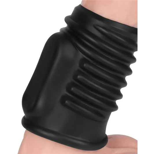 Black spiral penis sleeve for enhanced pleasure.