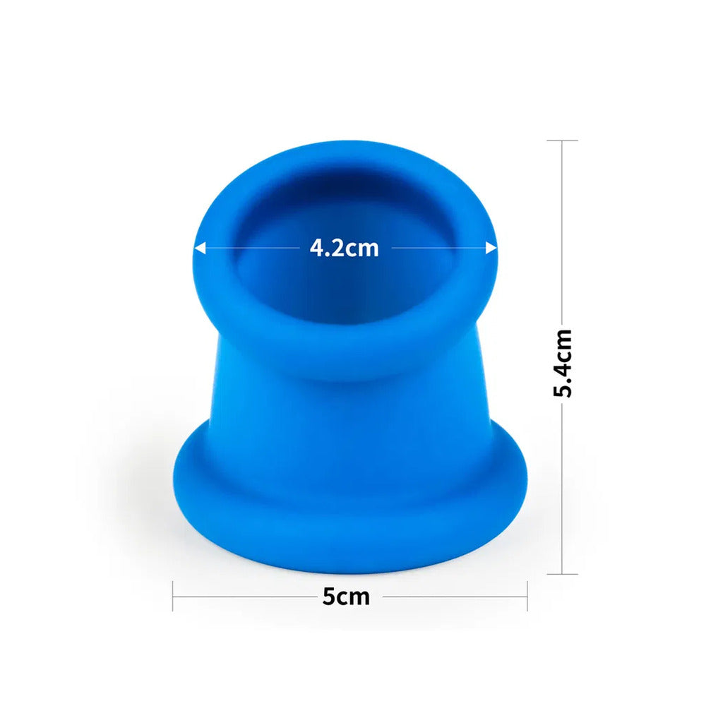 Blue silicone cock ring with measurement markers.