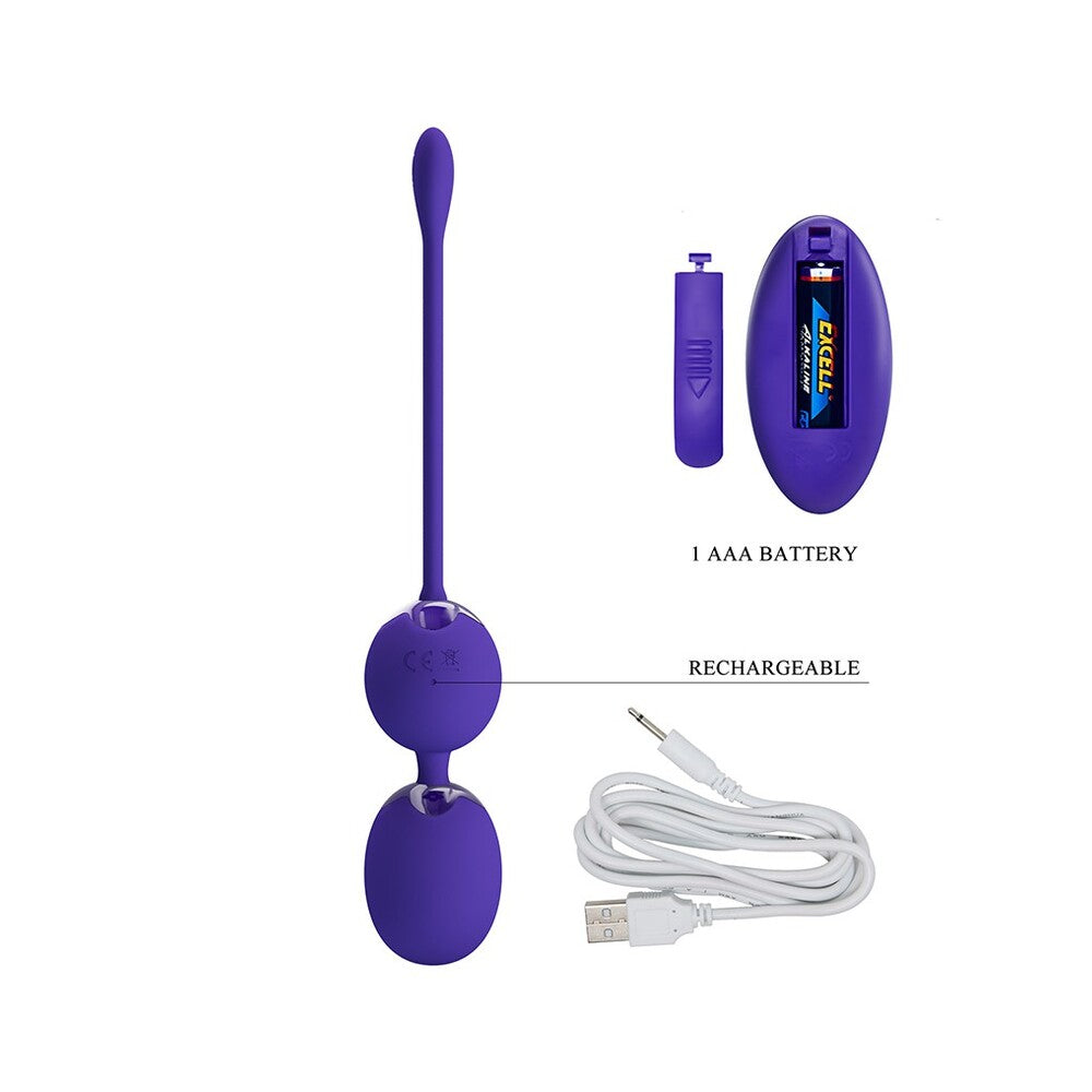 Purple Kegel balls with remote, battery, and charging cable.