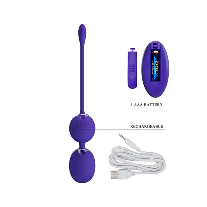 Purple Kegel balls with remote, battery, and charging cable.