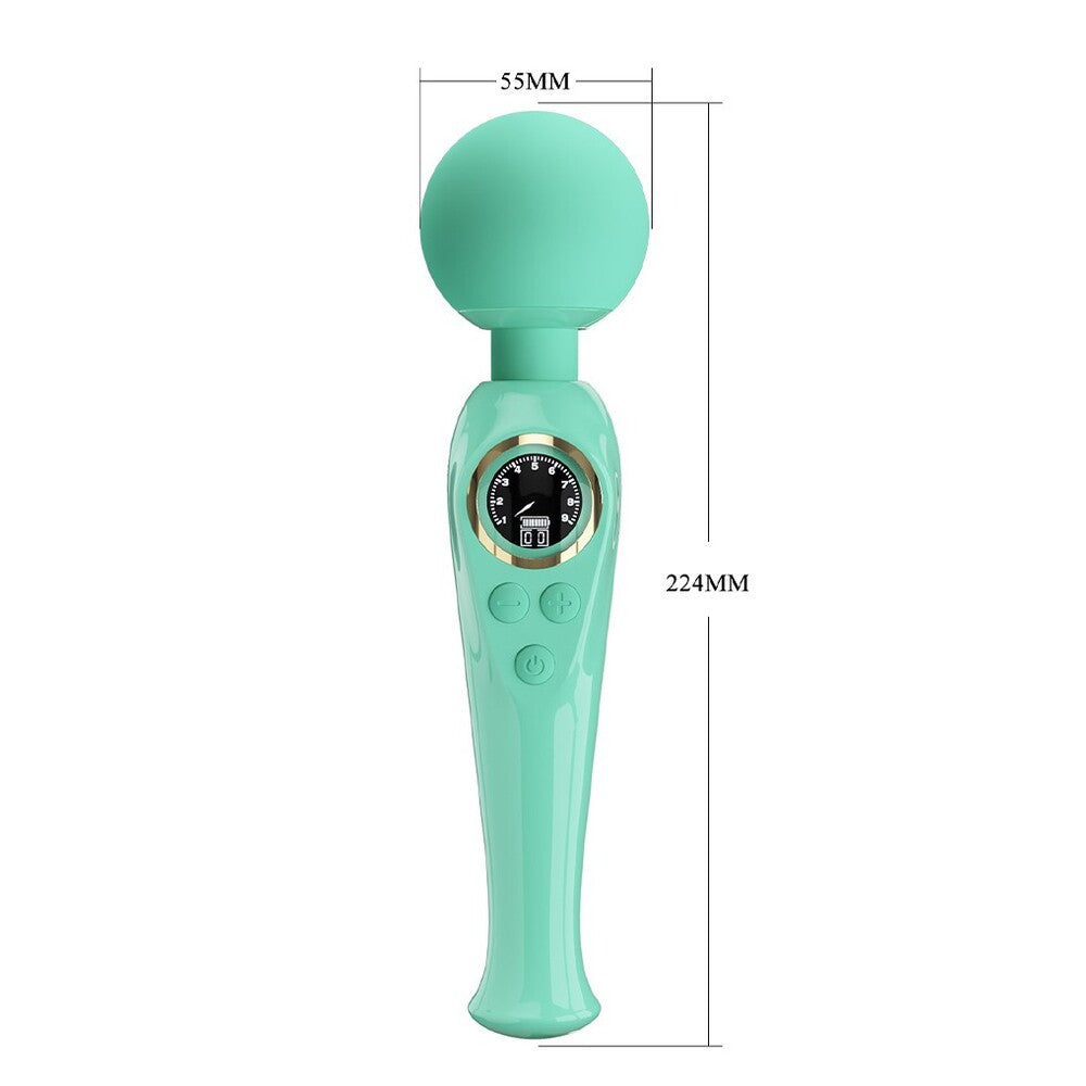 Mint-green Pretty Love Skyler wand with LED display and dimensions for size guide.
