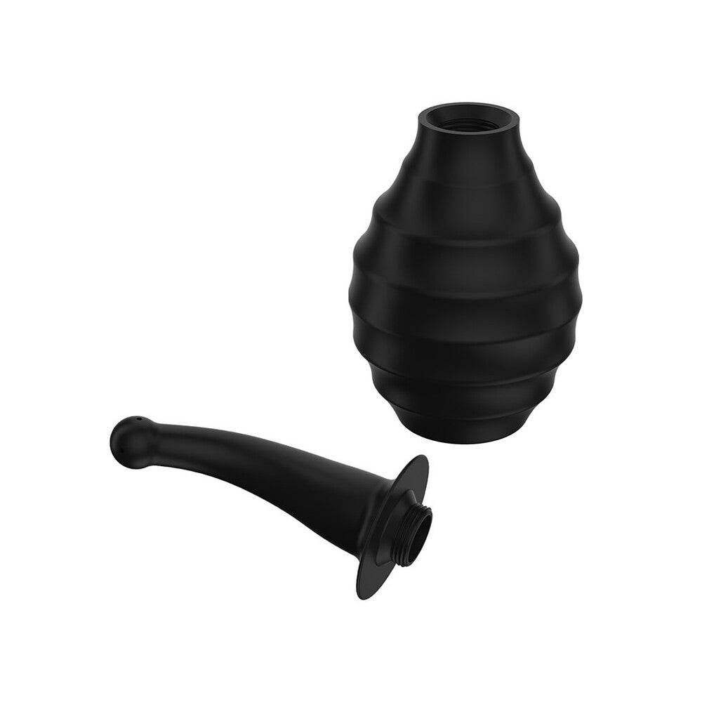 Black anal shower with bulb and nozzle for intimate cleansing.