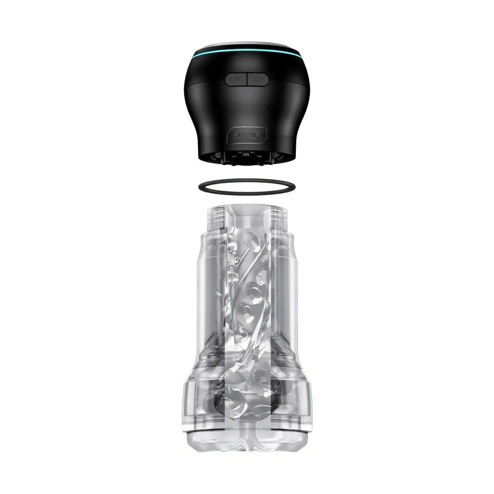 Kiiroo Feel Pocket Powerblow masturbator, with detachable black top and clear textured sleeve.
