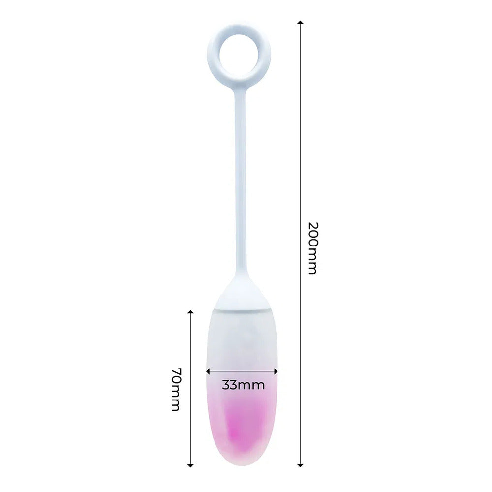 Pink and white vibrating egg with dimensions displayed.