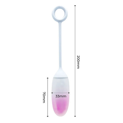 Pink and white vibrating egg with dimensions displayed.