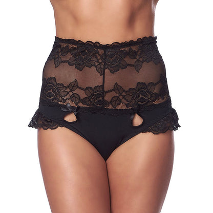 Black high-waisted knickers with floral lace detailing.