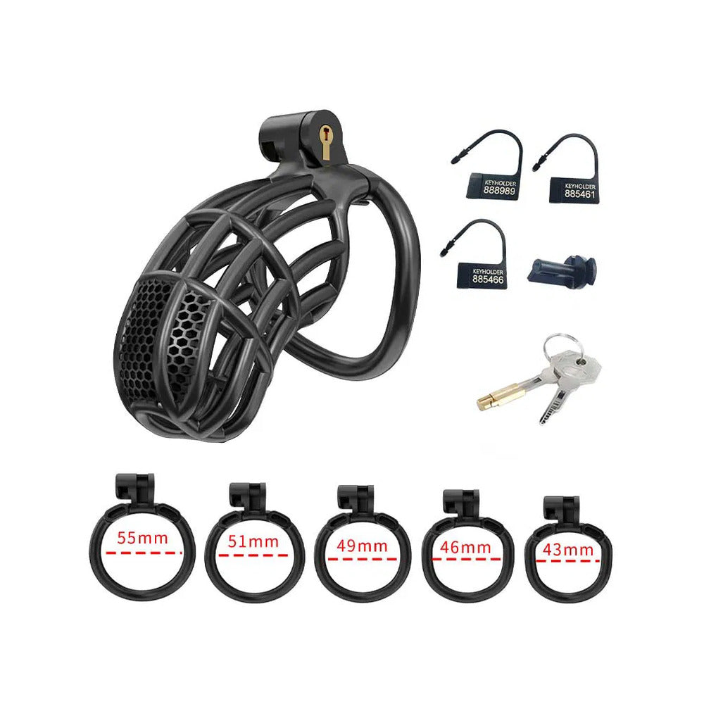 Rimba PCage PC06 Large Black male chastity device with sizing rings and keys.