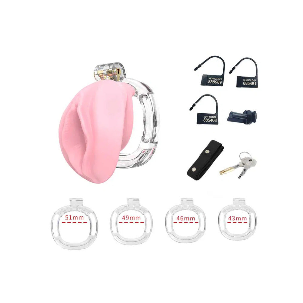 Rimba PCage PC10 penis cage in pussy pink, with accessories.