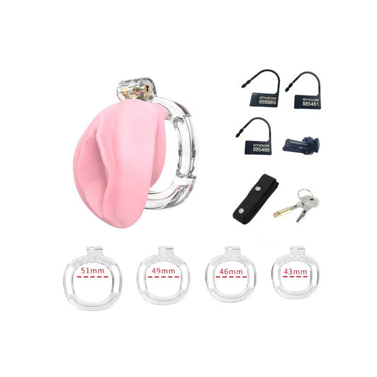 Rimba PCage PC10 penis cage in pussy pink, with accessories.