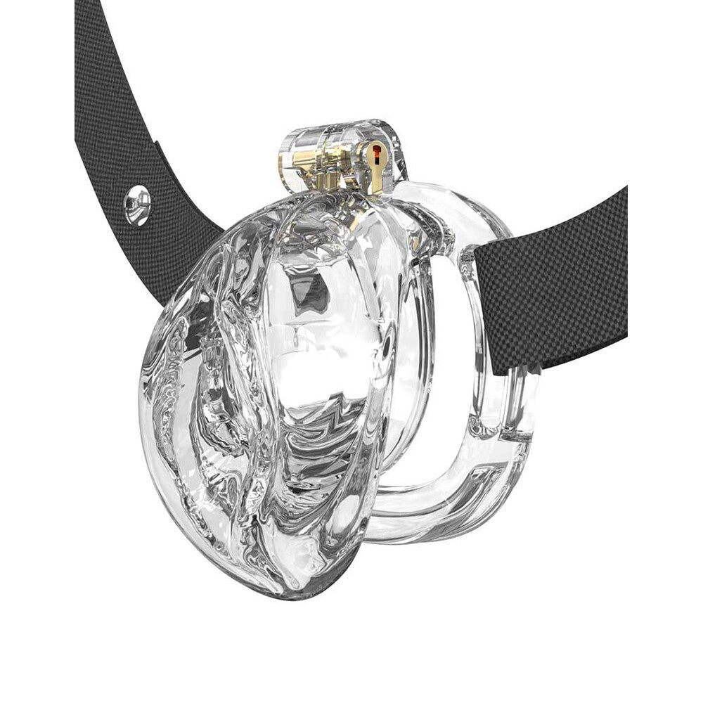 Rimba PCage PC10 transparent chastity device, showcasing a clear design with black strap.
