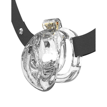 Rimba PCage PC10 transparent chastity device, showcasing a clear design with black strap.
