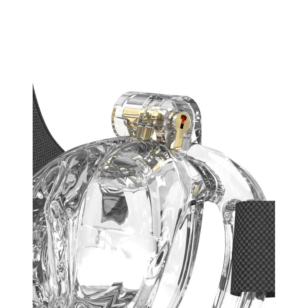 Close-up of a Rimba PCage PC10 in clear plastic with a clear lock.
