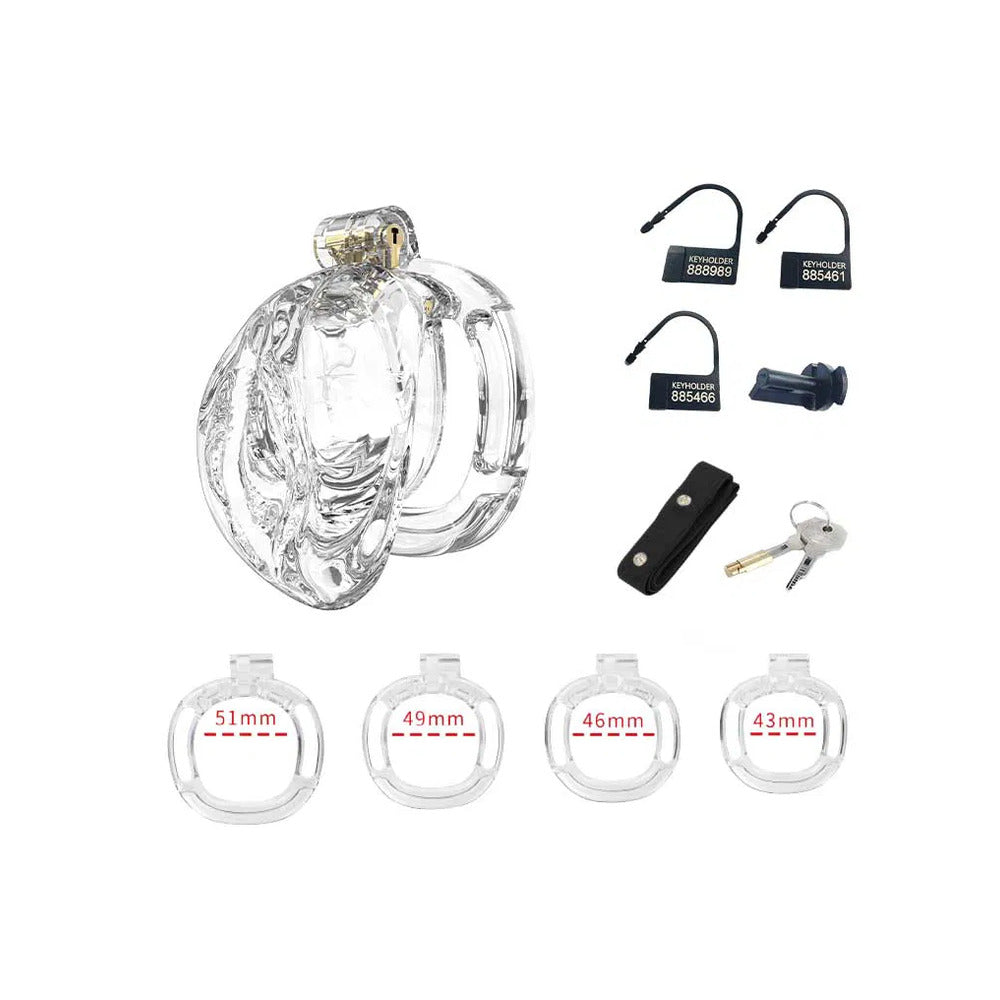 Rimba PCage PC10 Pussy Transparent chastity device with ring sizes, keys and keyholders.