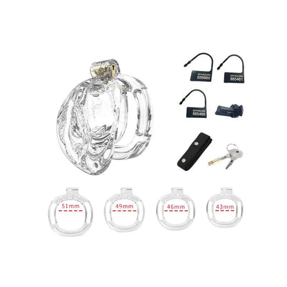 Rimba PCage PC10 Pussy Transparent chastity device with ring sizes, keys and keyholders.