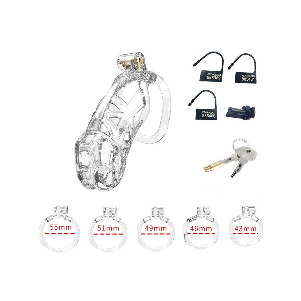 Transparent male chastity device with keys and sizing rings.
