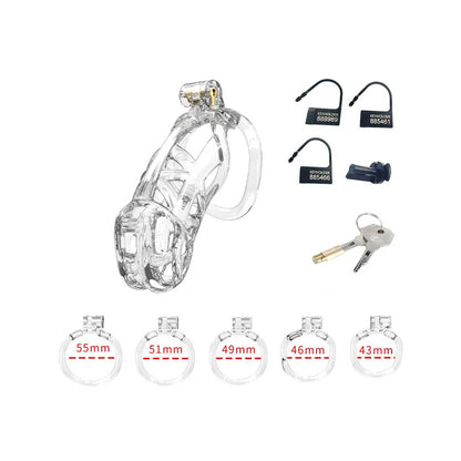 Transparent male chastity device with keys and sizing rings.
