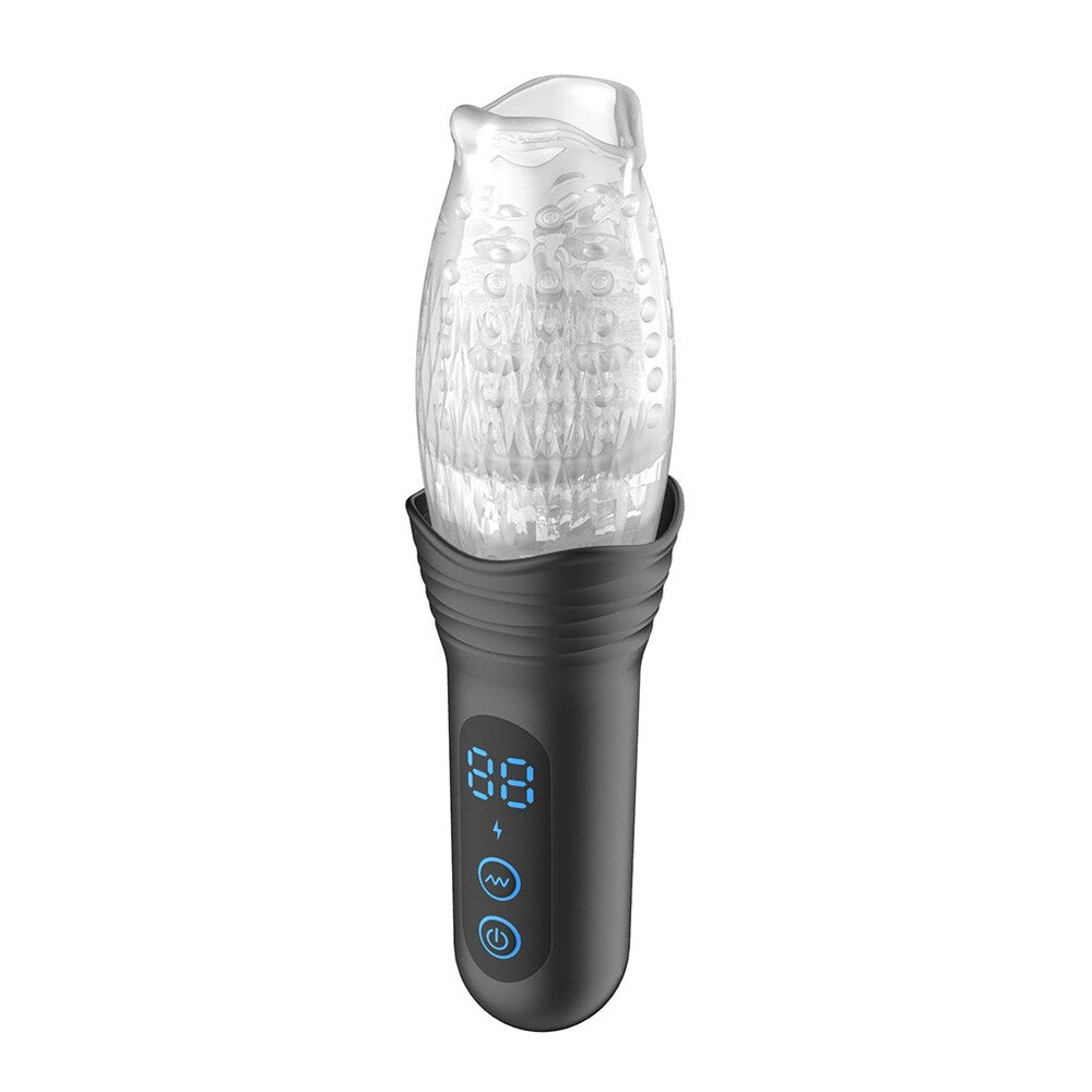 Rimba Orgastobator O2: textured, clear masturbator sleeve with black base, plus digital display and power button.
