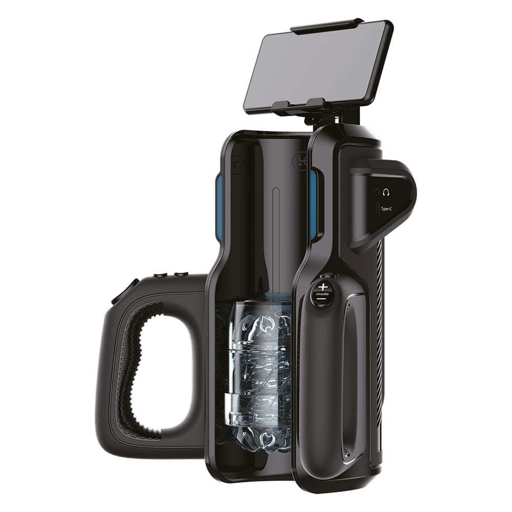 Leten thrusting stroker with phone holder. Black hands-free male masturbator.