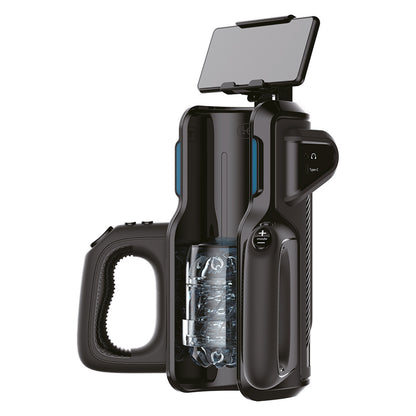 Leten thrusting stroker with phone holder. Black hands-free male masturbator.