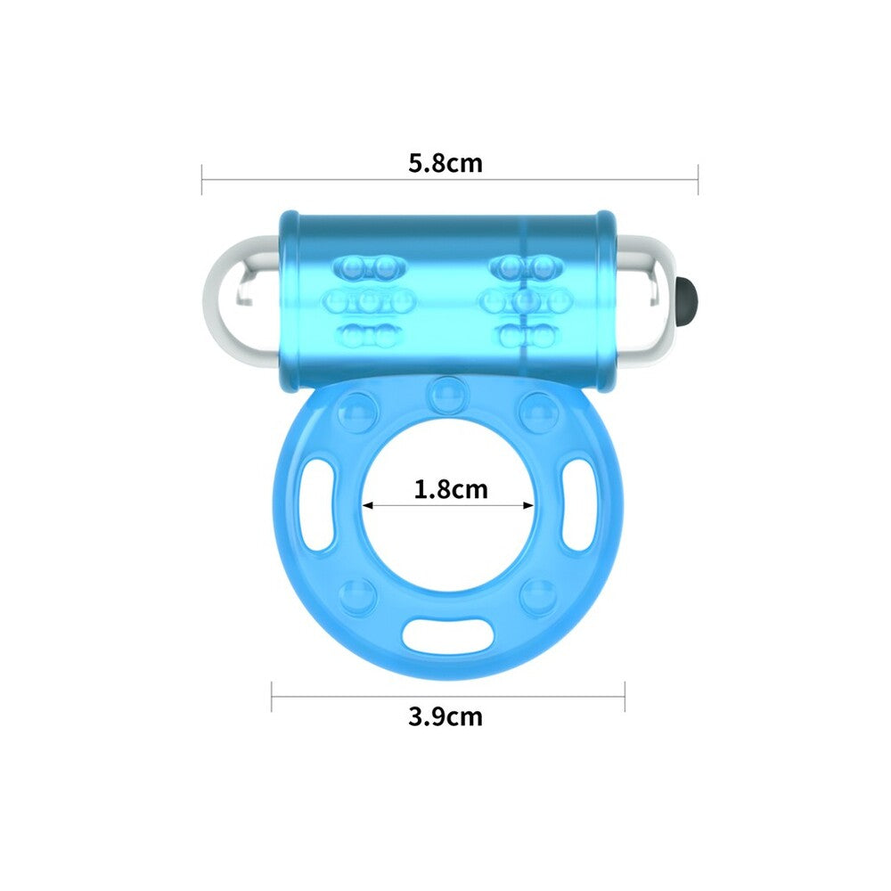 Lovetoy Lumino Play blue glow-in-the-dark cock ring with dimensions.
