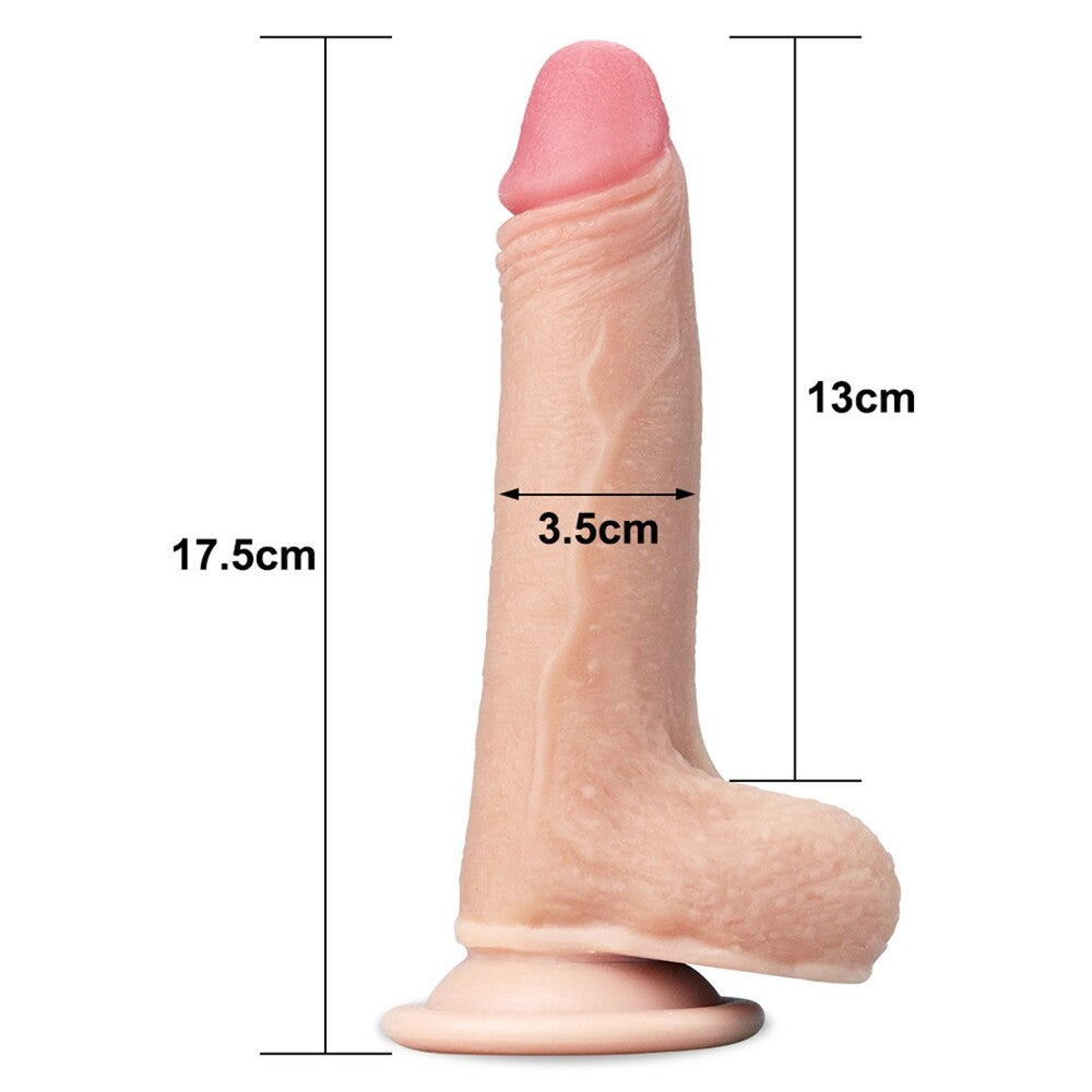Realistic textured dildo with base and measurements for pleasure.