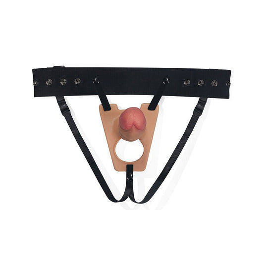Lovetoy strap-on harness: Black belt with tan holder and realistic hollow phallus for adventurous play.