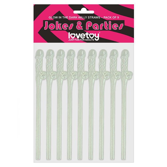 Lovetoy's Glow In The Dark Willy Straws, pack of nine. Fun for parties, these willy-shaped straws add a cheeky touch.