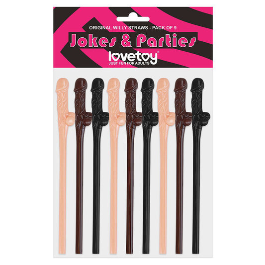 Lovetoy Willy Straws, a cheeky set of pink, brown and black novelty drinking straws for party fun.
