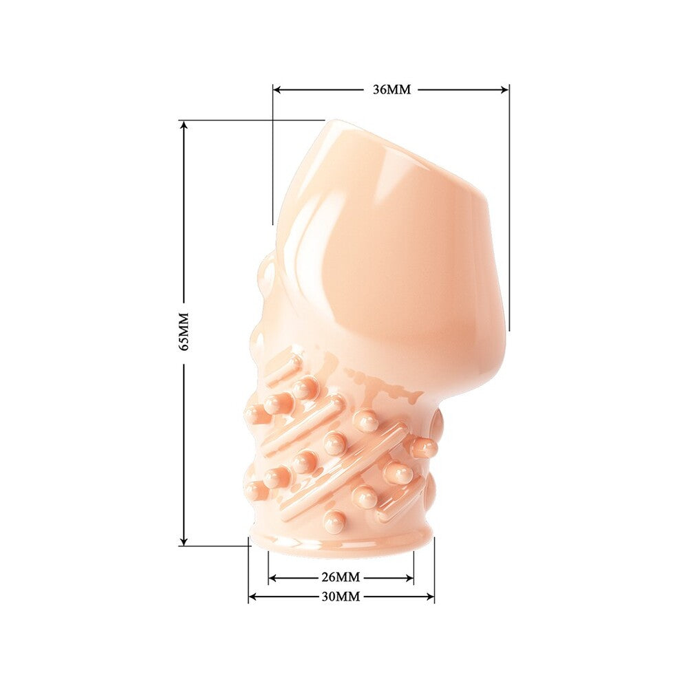 Flesh pink textured penis sleeve with measurements.