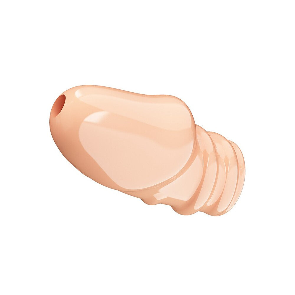 Flesh-toned Pretty Love Jeremy sleeve, ribbed for added pleasure. Enhance your intimate moments.