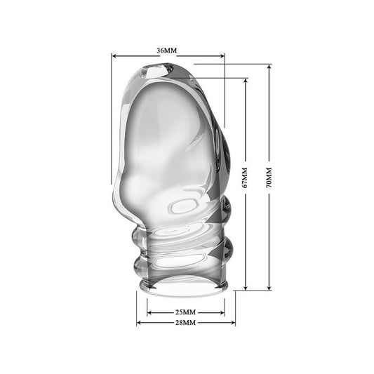 Clear penis sleeve with measurements in millimetres.