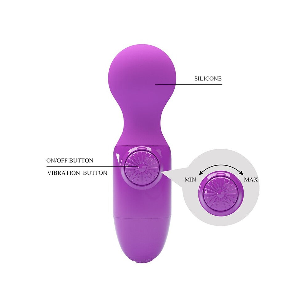 Purple silicone mini wand vibrator with on/off and vibration settings.
