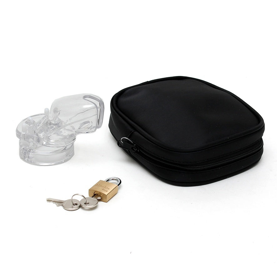 Clear plastic pleasure cage with lock, keys, and travel pouch. Who holds the power, darling?
