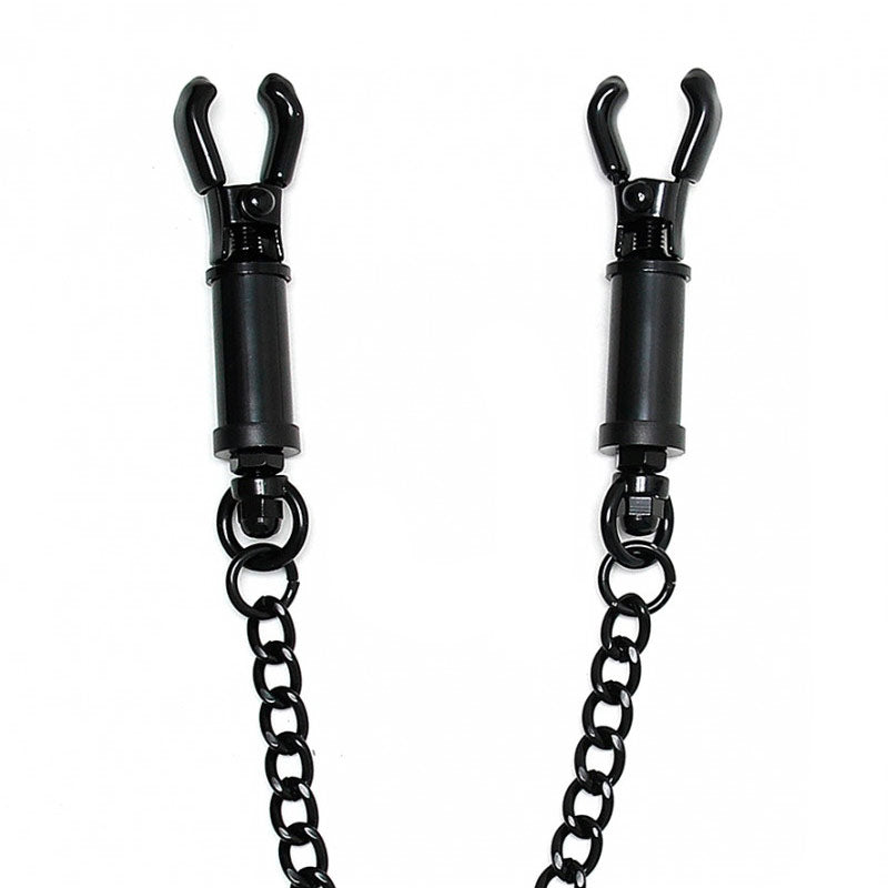 Dare to desire, my darling, with these wicked black clamps and chain. Adjustable, bold, and ready to play.
