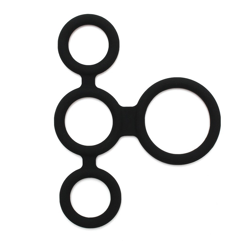 Rimba Quatro black silicone cock ring and ball splitter.