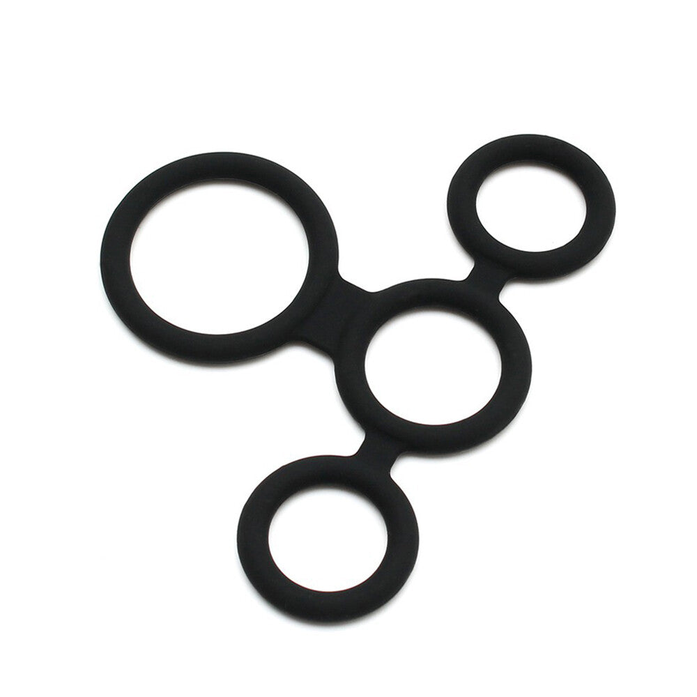 Black silicone cock ring and ball splitter, a pleasure enhancer.
