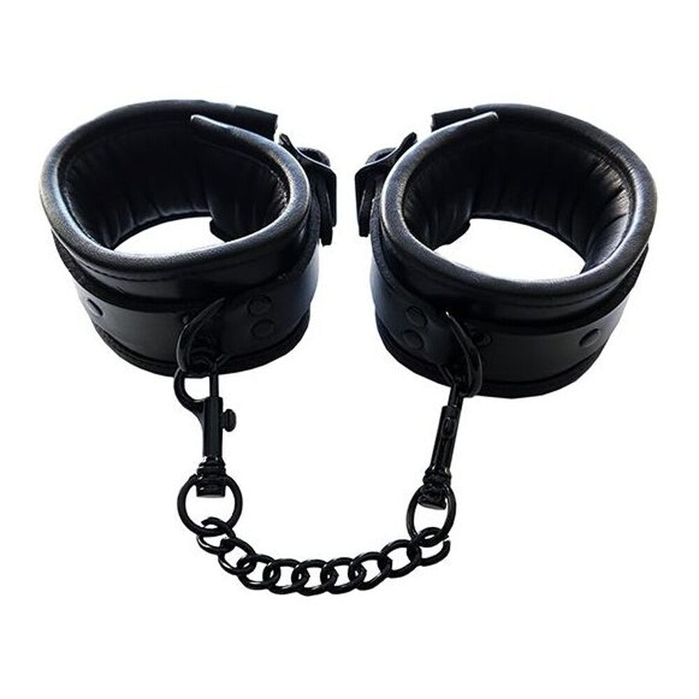 Black padded leather ankle cuffs linked by a short chain.