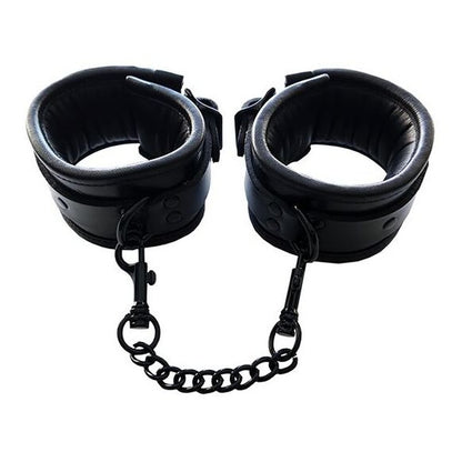 Black padded leather ankle cuffs linked by a short chain.