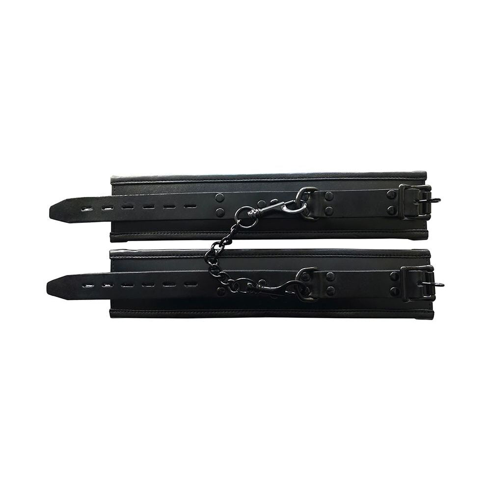 Black padded leather ankle cuffs with adjustable straps and connecting chain.