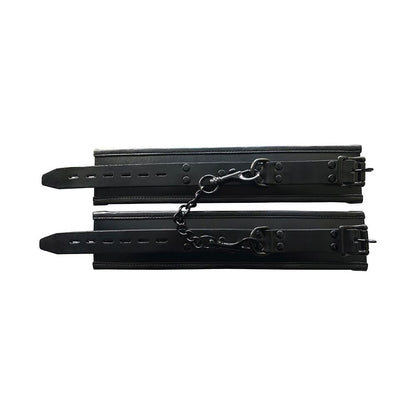 Black padded leather ankle cuffs with adjustable straps and connecting chain.