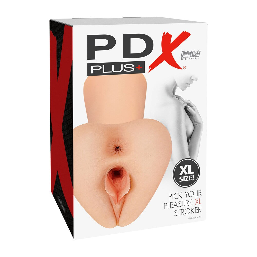 PDX Plus Pick Your Pleasure XL Stroker by Pipedream, presented in its packaging.
