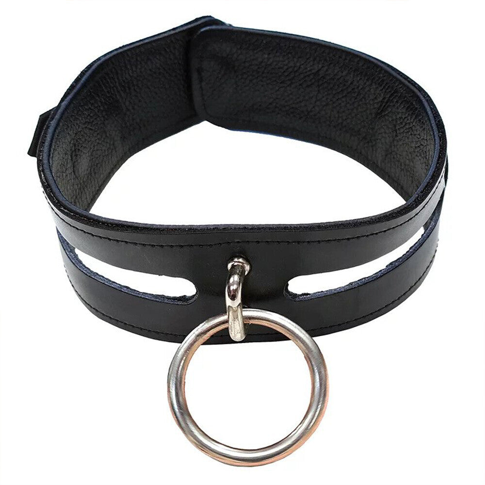 Black leather collar with large ring detail