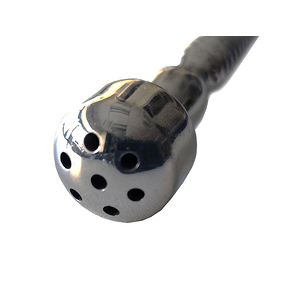 Rouge stainless steel shower head penis plug with multiple holes.