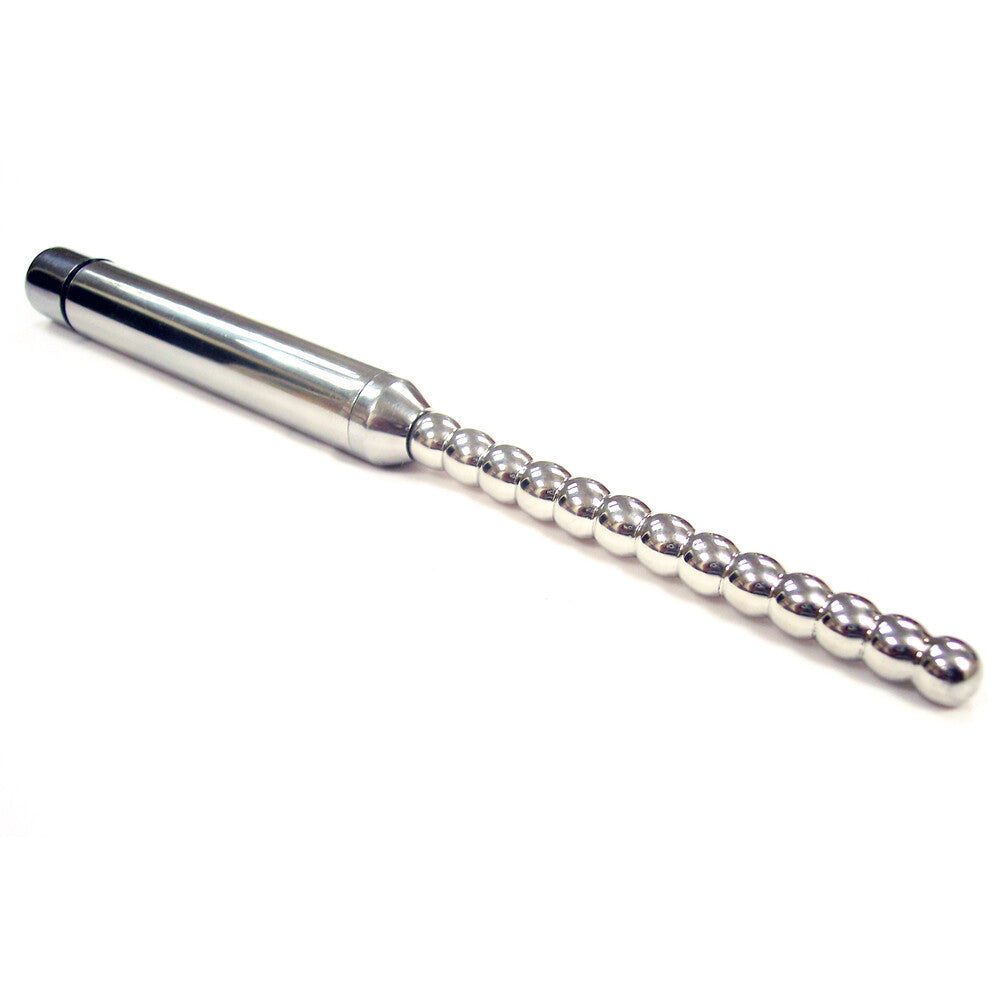 Stainless steel urethral probe with ribbed design for pleasure.